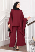 Batwing Sleeve Loose-Fitting Pants Two-Piece Set in Burgundy