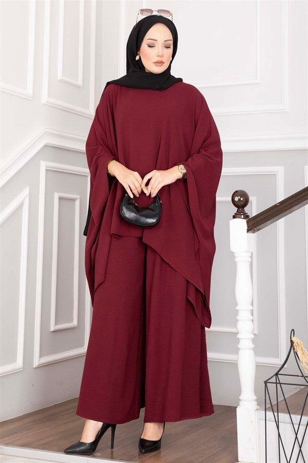 Batwing Sleeve Loose-Fitting Pants Two-Piece Set in Burgundy