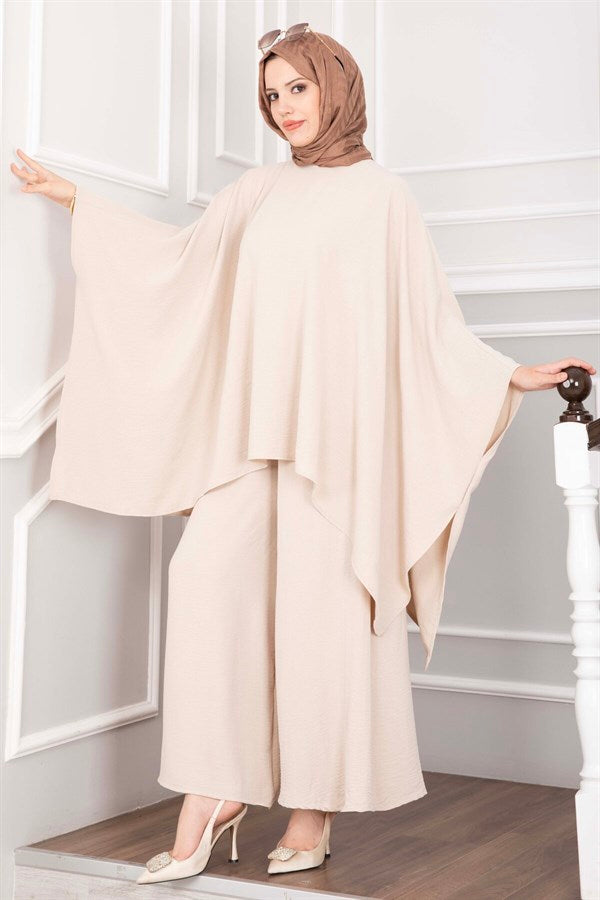Batwing Sleeve Loose-Fitting Pants Two-Piece Set in Beige