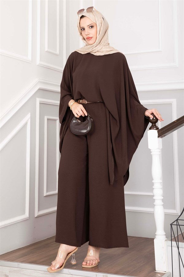 Batwing Sleeve Loose-Fitting Pants Two-Piece Set in Coffee