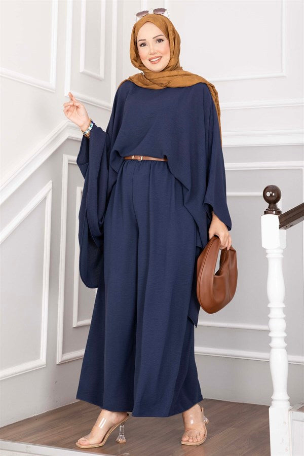 Two-Piece Set with Batwing Sleeves and Loose-Fitting Pants, Navy Blue