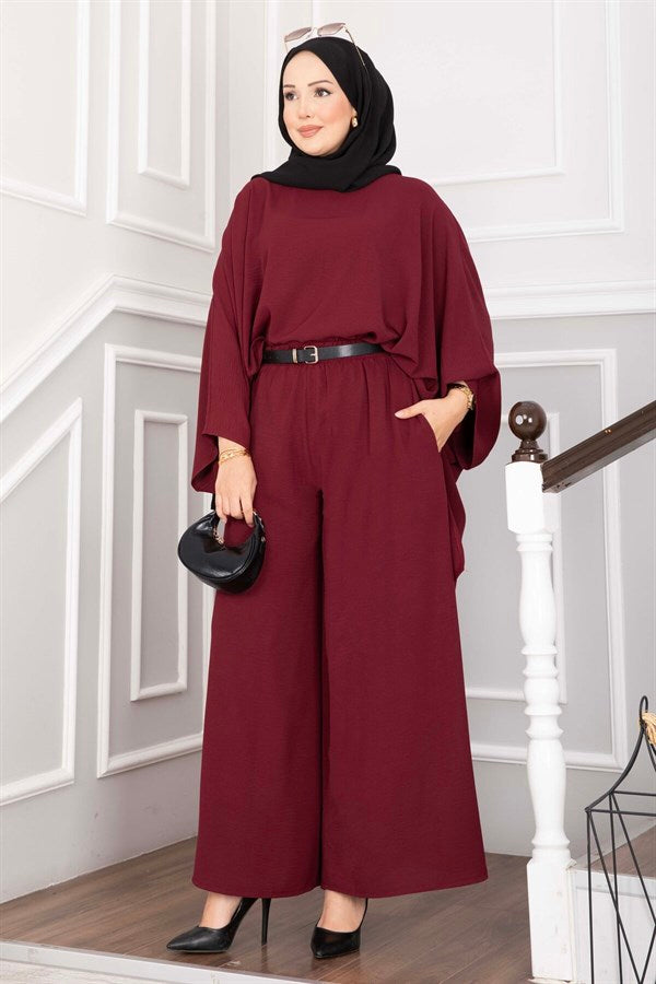 Batwing Sleeve Loose-Fitting Pants Two-Piece Set in Burgundy