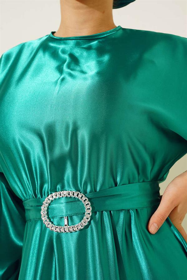 Batwing Sleeve Satin Dress Green
