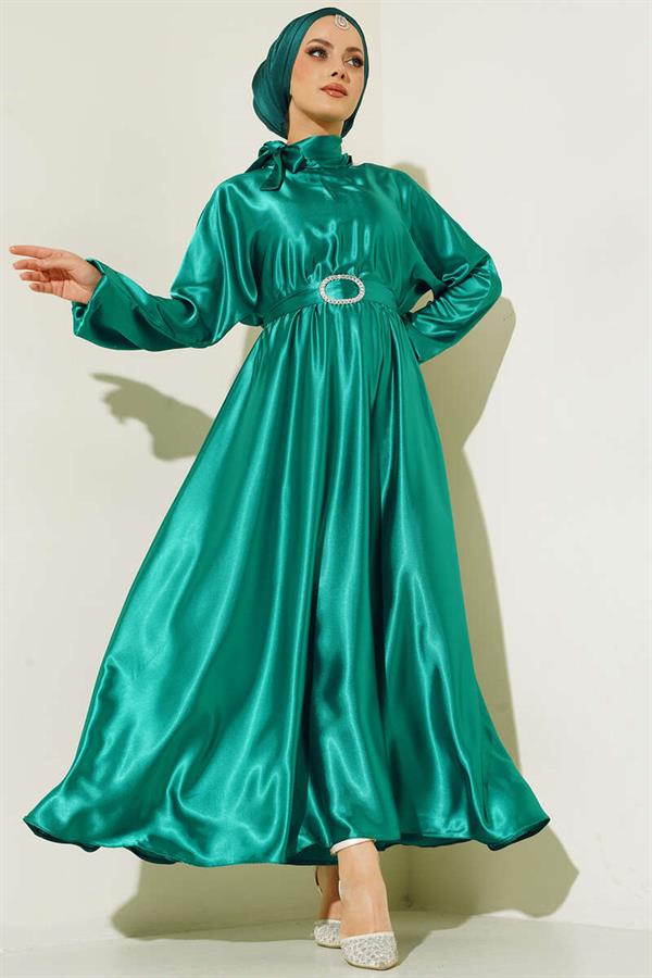 Batwing Sleeve Satin Dress Green