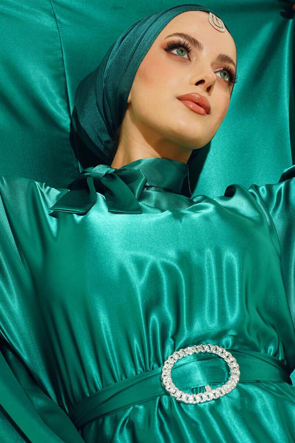 Batwing Sleeve Satin Dress Green