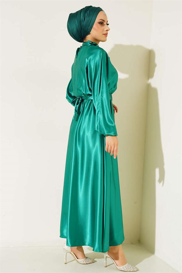 Batwing Sleeve Satin Dress Green