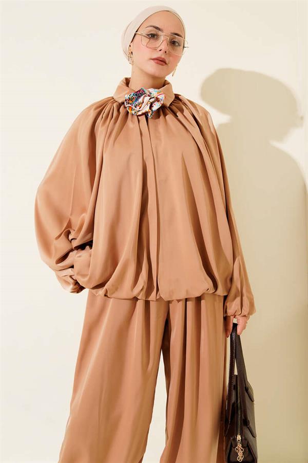 Batwing Sleeve Satin Loose 2 Piece Set Latte
