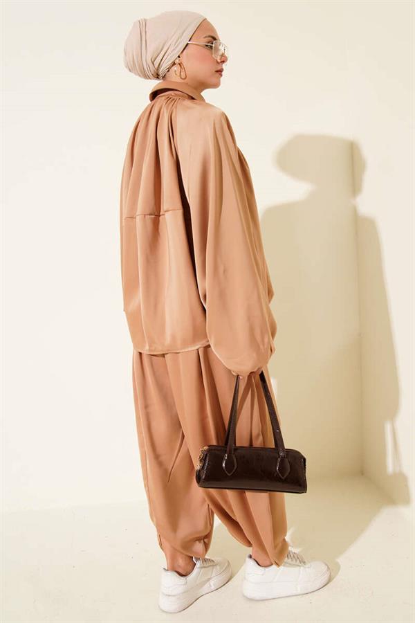 Batwing Sleeve Satin Loose 2 Piece Set Latte