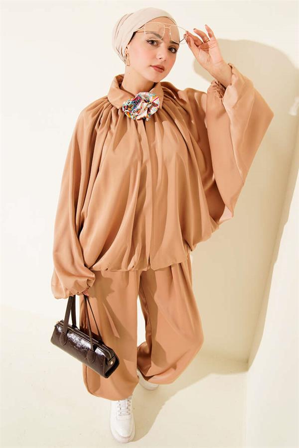 Batwing Sleeve Satin Loose 2 Piece Set Latte