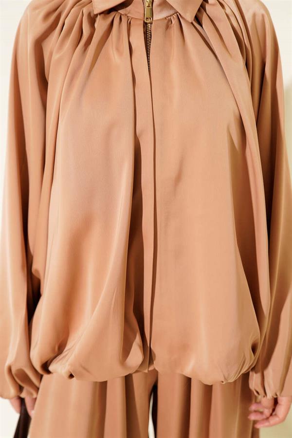 Batwing Sleeve Satin Loose 2 Piece Set Latte