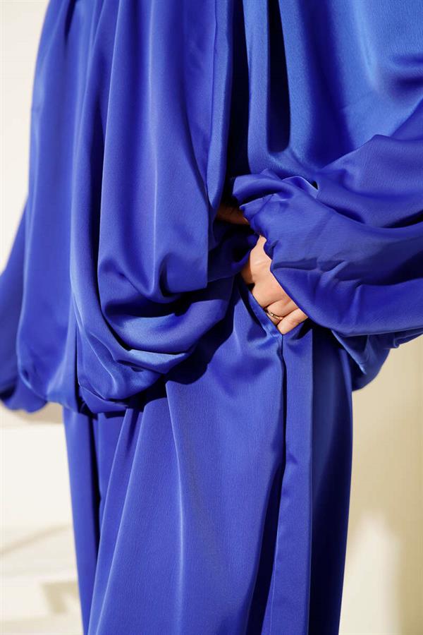 Bat Sleeve Satin Casual 2 Piece Set in Sax