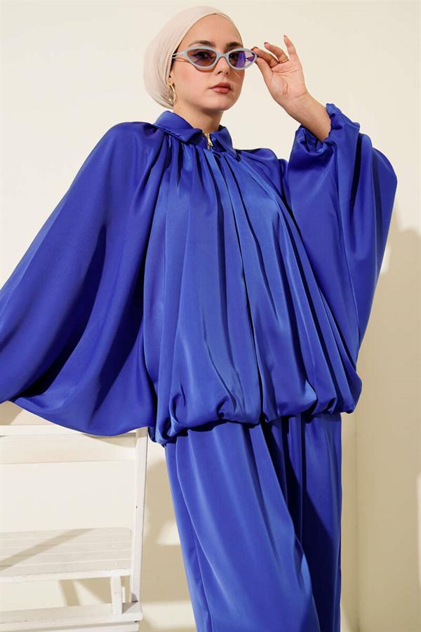 Bat Sleeve Satin Casual 2 Piece Set in Sax