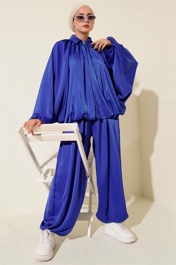 Bat Sleeve Satin Casual 2 Piece Set in Sax