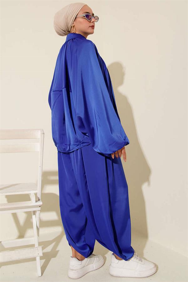Bat Sleeve Satin Casual 2 Piece Set in Sax