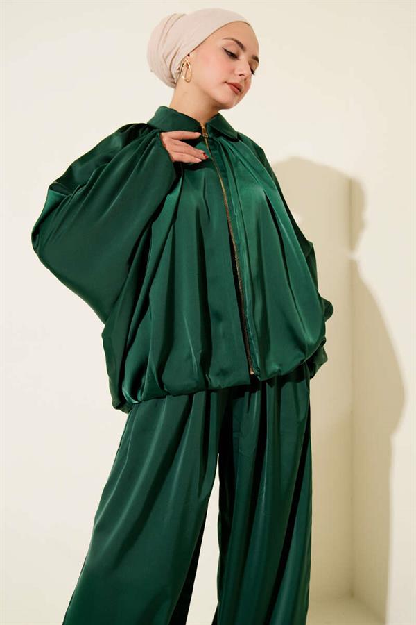 Batwing Sleeve Satin Loose 2 Piece Set Emerald Green