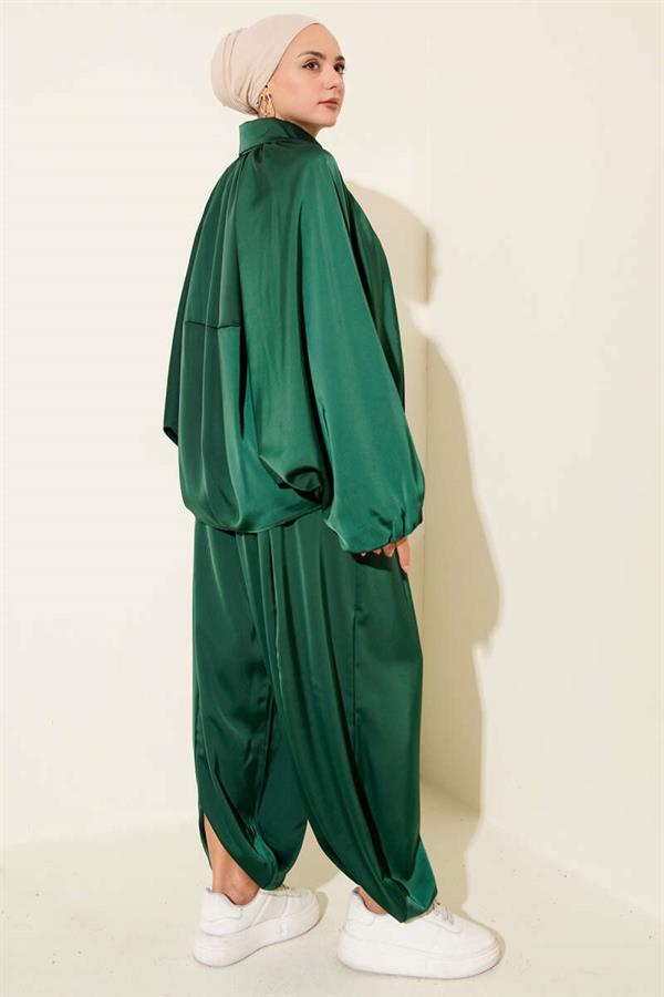 Batwing Sleeve Satin Loose 2 Piece Set Emerald Green