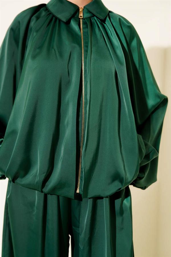 Batwing Sleeve Satin Loose 2 Piece Set Emerald Green