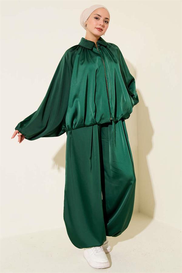 Batwing Sleeve Satin Loose 2 Piece Set Emerald Green