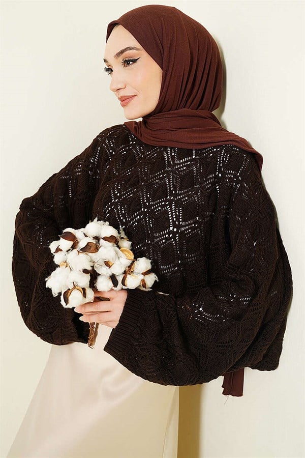 Batwing Sleeve Knitted Openwork Sweater Dark Brown