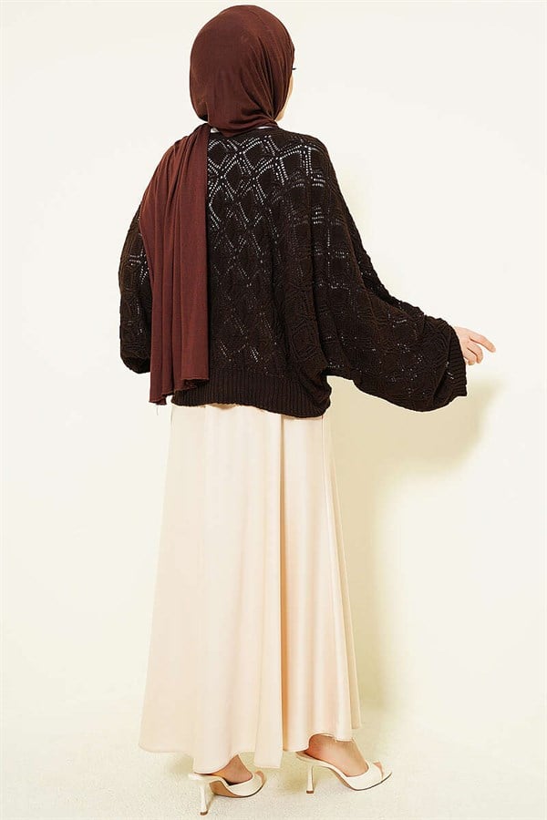 Batwing Sleeve Knitted Openwork Sweater Dark Brown