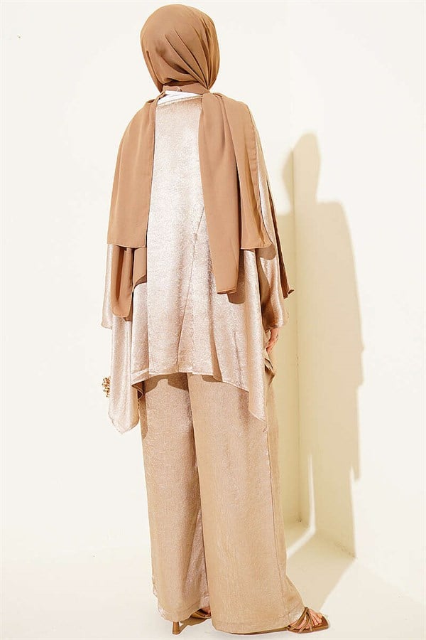 Batwing Sleeve V-Neck Satin 2 Piece Set, Beige