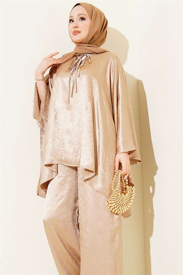 Batwing Sleeve V-Neck Satin 2 Piece Set, Beige