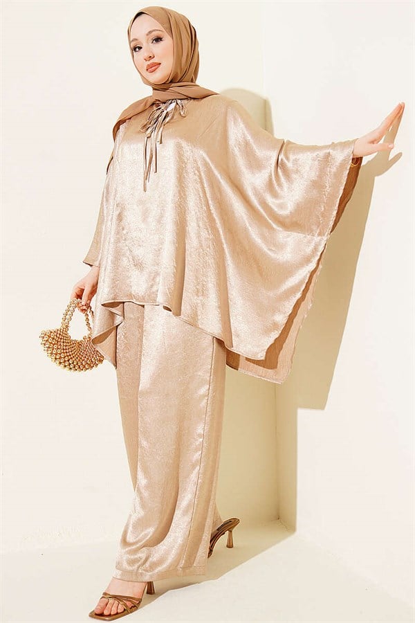 Batwing Sleeve V-Neck Satin 2 Piece Set, Beige