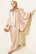 Batwing Sleeve V-Neck Satin 2 Piece Set, Beige