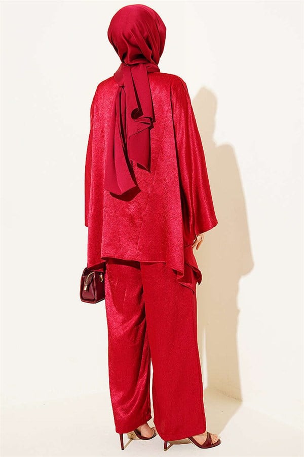 Batwing Sleeve V-Neck Satin 2 Piece Set in Burgundy