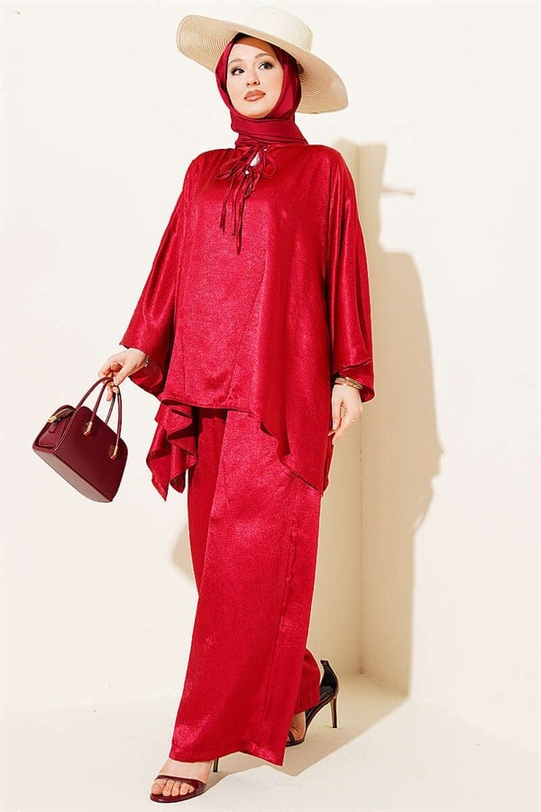 Batwing Sleeve V-Neck Satin 2 Piece Set in Burgundy