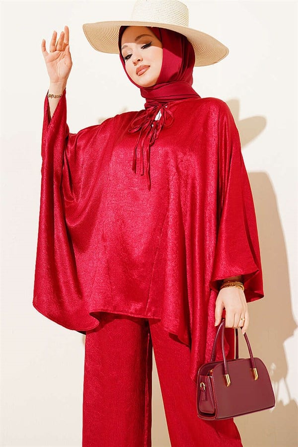 Batwing Sleeve V-Neck Satin 2 Piece Set in Burgundy