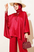 Batwing Sleeve V-Neck Satin 2 Piece Set in Burgundy