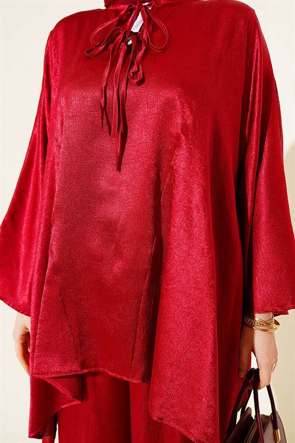 Batwing Sleeve V-Neck Satin 2 Piece Set in Burgundy