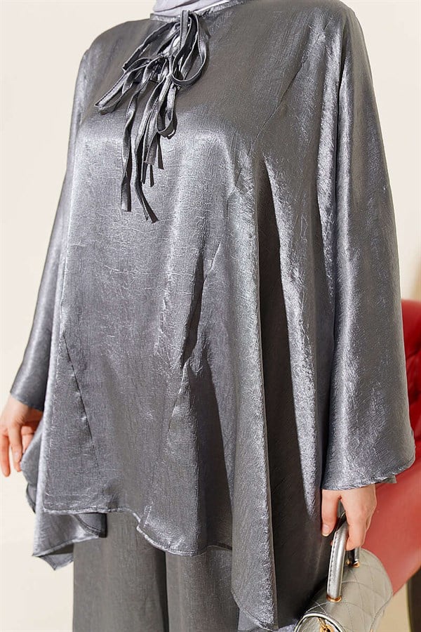 Batwing Sleeve V-Neck Satin 2 Piece Set Grey