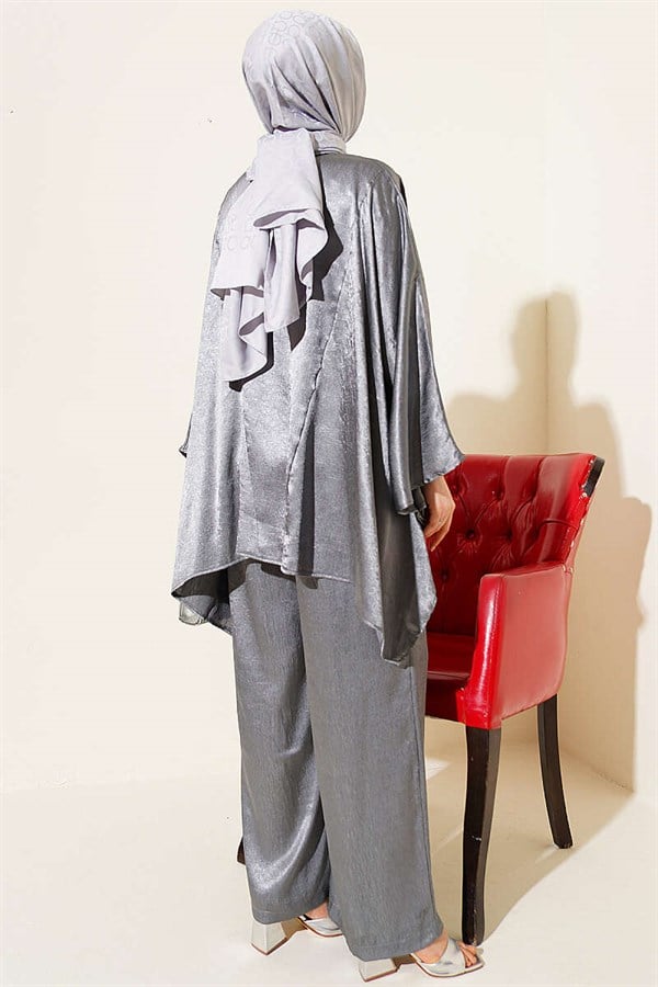Batwing Sleeve V-Neck Satin 2 Piece Set Grey