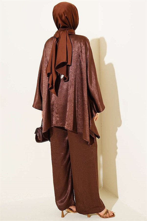 Batwing Sleeve V-Neck Satin 2 Piece Set in Coffee