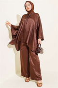 Batwing Sleeve V-Neck Satin 2 Piece Set in Coffee