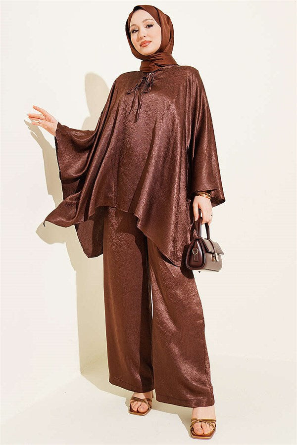 Batwing Sleeve V-Neck Satin 2 Piece Set in Coffee