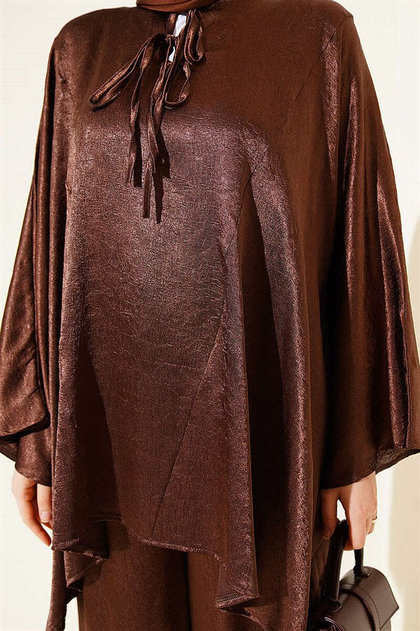 Batwing Sleeve V-Neck Satin 2 Piece Set in Coffee