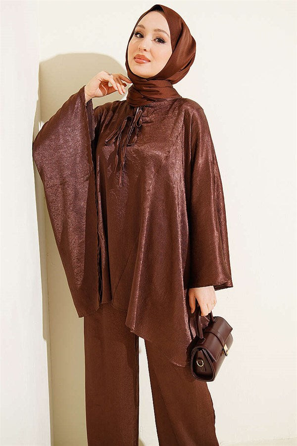 Batwing Sleeve V-Neck Satin 2 Piece Set in Coffee