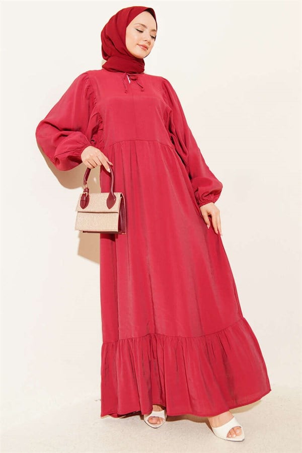 Batwing Sleeve Collar Drawstring Modal Dress Burgundy