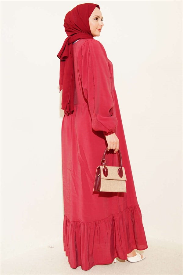 Batwing Sleeve Collar Drawstring Modal Dress Burgundy