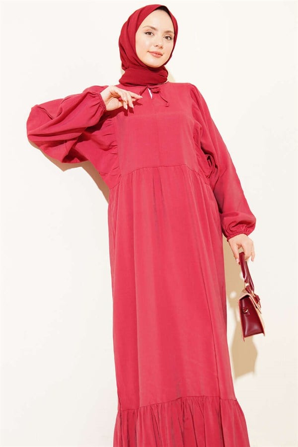 Batwing Sleeve Collar Drawstring Modal Dress Burgundy