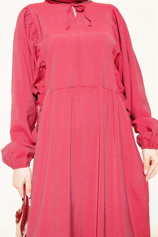 Batwing Sleeve Collar Drawstring Modal Dress Burgundy
