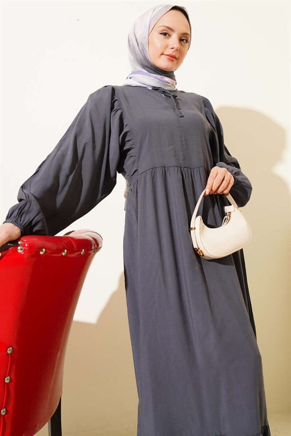 Batwing Sleeve Collar Drawstring Modal Dress in Smoke Grey