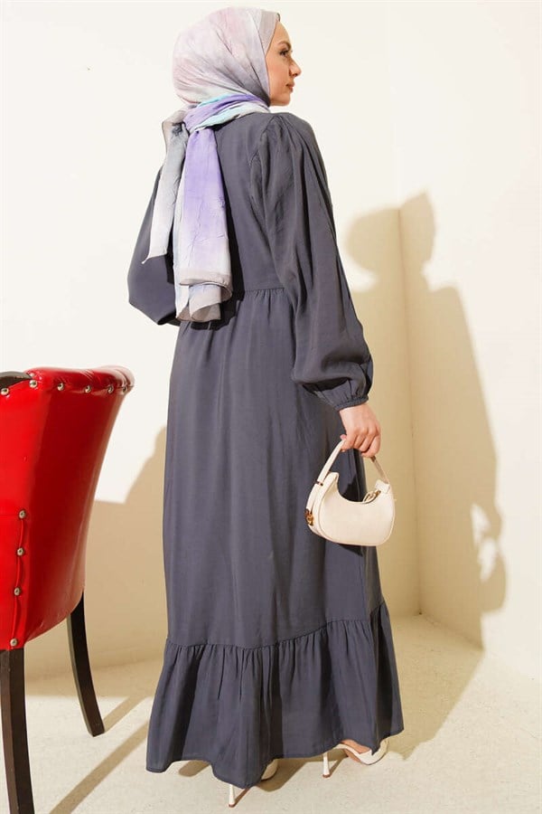 Batwing Sleeve Collar Drawstring Modal Dress in Smoke Grey