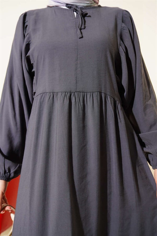 Batwing Sleeve Collar Drawstring Modal Dress in Smoke Grey