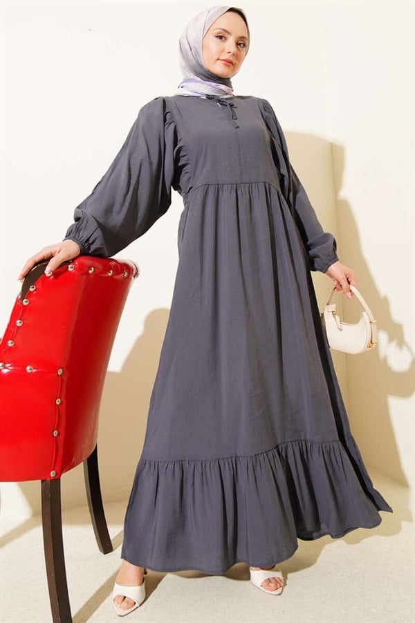 Batwing Sleeve Collar Drawstring Modal Dress in Smoke Grey