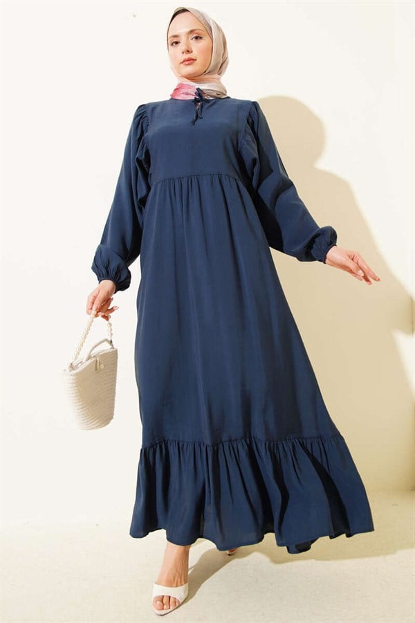 Batwing Sleeve Collar Drawstring Modal Dress Navy Blue