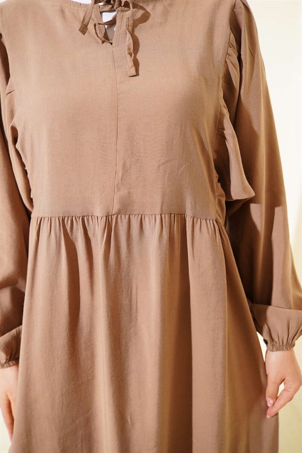 Batwing Sleeve Collar Drawstring Modal Dress Latte